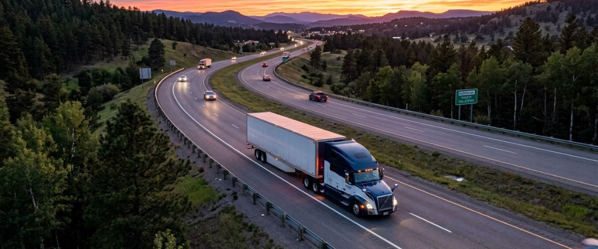 Semi-Truck Driving at Sunset